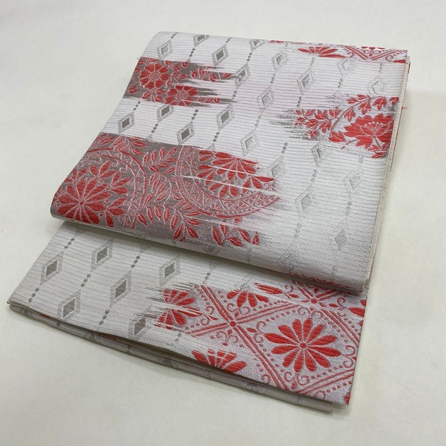 中古 夏用帯(袋) 正絹 連続模様 六通柄 ホワイト Dランク 426cm 5910