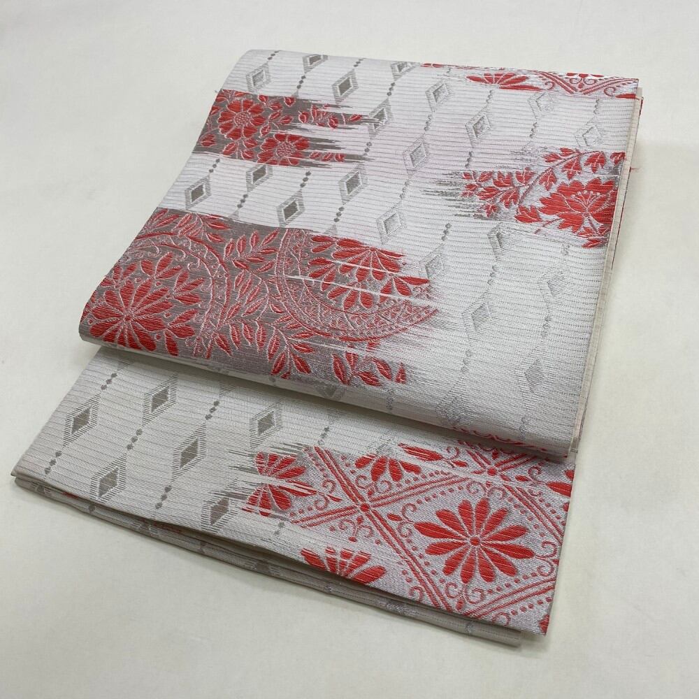 中古 夏用帯(袋) 正絹 連続模様 六通柄 ホワイト Dランク 426cm 5910