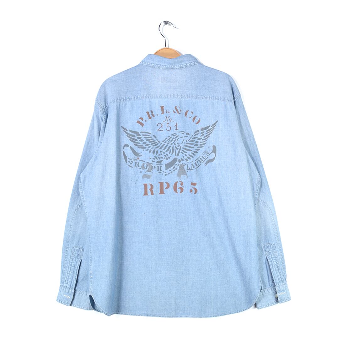 ラルフローレン シャンブレーシャツ ヴィンテージ仕様 ステンシル チンスト マチ付 バックプリント RALPH LAUREN メンズL 古着 @CA1431
