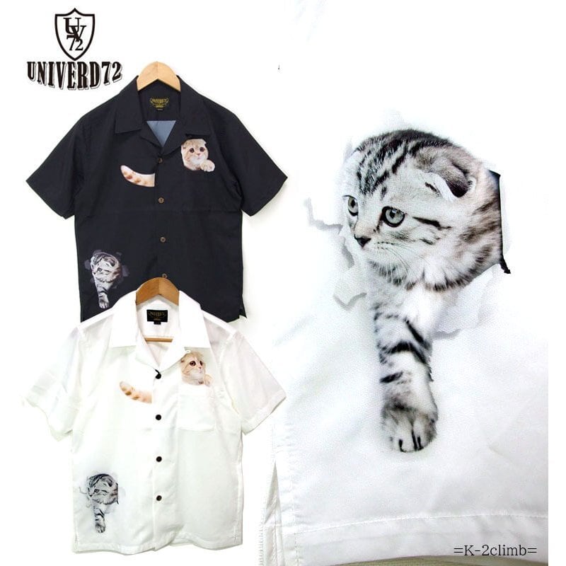 半袖 開襟シャツ 白 2022 UNIVERD72 アロハシャツ 40950 スコティッシュフォールド 猫柄アロハ　胸ポケットから猫
