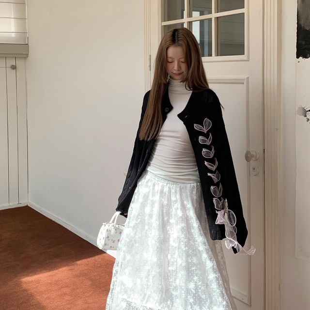 レースのリボンニットカーディガン