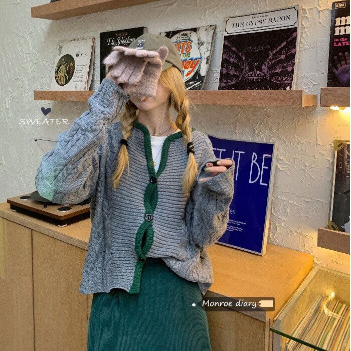 カラーVネックセーター レディーススタイルスタンダードカーディガンスプリングクロップドトップス コート レトロ 春物 モンロー61635384239