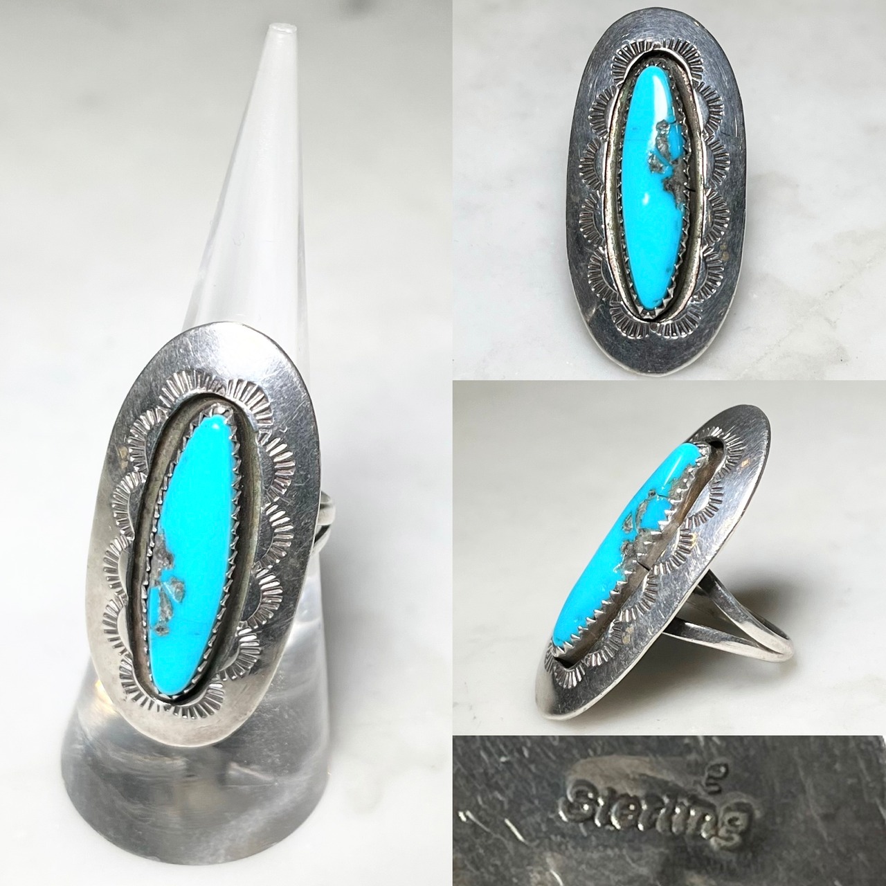 navajo style silver ring set with turquoise