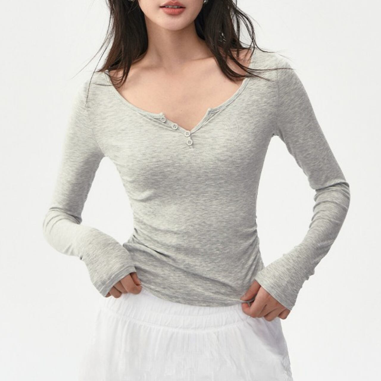 Button Front Long Sleeve V Neck Top BM0088