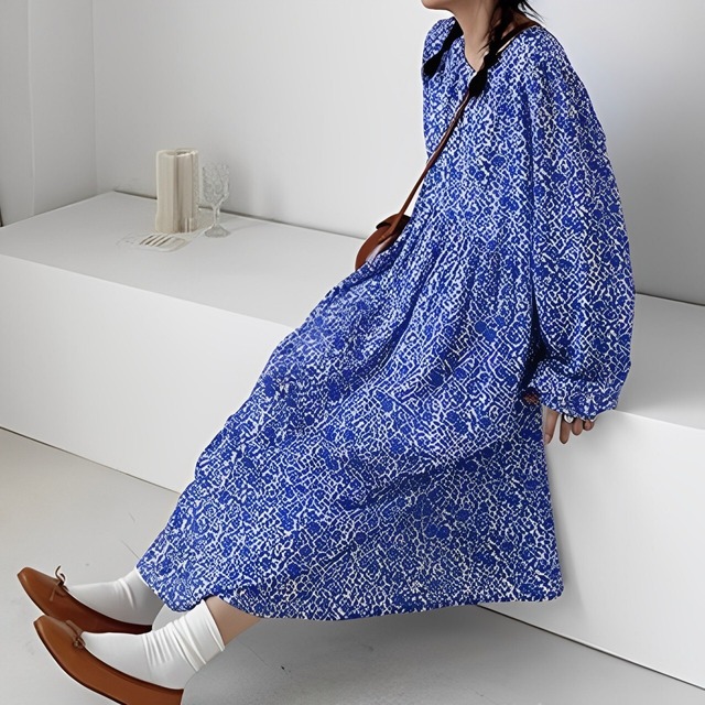 ラウンドネックボリュームフラワーワンピース　200614　