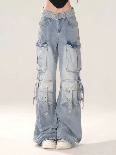ダメージデニムパンツ Y2K ワイドパンツ vibe ポケット ワイドパンツ