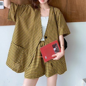 Yellow gingham check jacket and pants set S1203