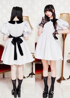 【ManonMimie】Flower Jacquard Puff Sleeves OP