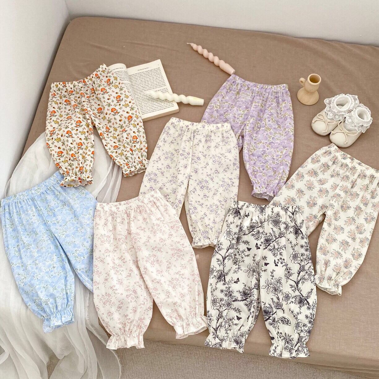 幼児キッズ女の子100％綿花柄夏ズボン フリル裾 薄手パンツ 虫刺され  