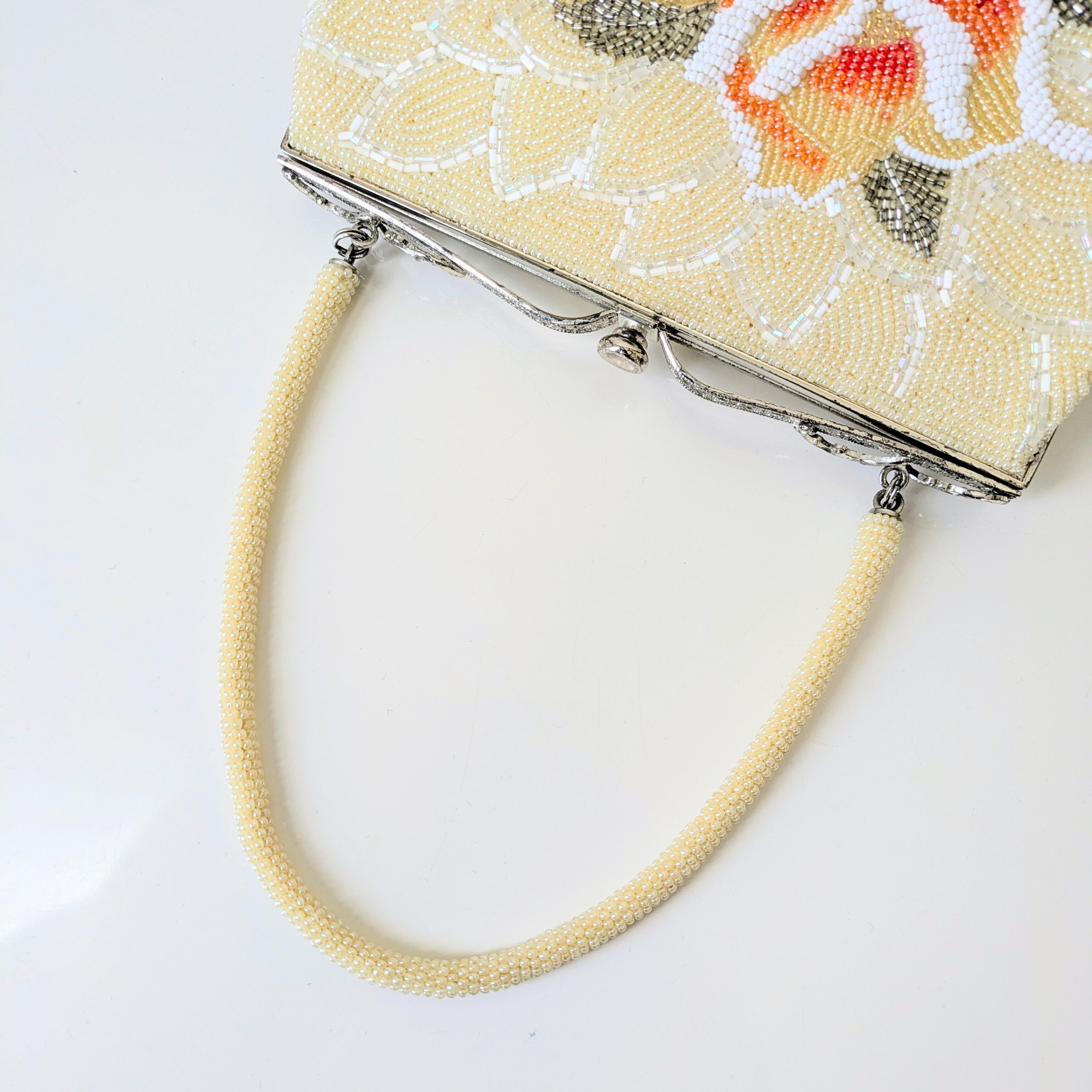 Vintage】ビーズ刺繍バッグ 玉子色 薔薇柄 パーティーバッグ クラッチ