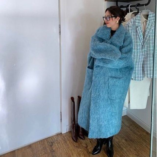 【予約販売】コート レディース ロングコート ボア ウール シンプル スタイリッシュ おしゃれ ブルー フリーサイズ