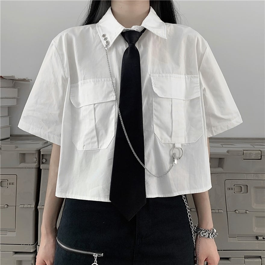 春夏服 半袖シャツ フラップポケット チェーン ブラック ホワイト 闇