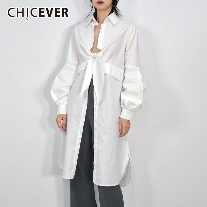 CHICEVERホワイトブラウスレディースVネックランタン長袖レースアップウエストロングシャツ2021秋の服 オータム 秋物 6base562799921283