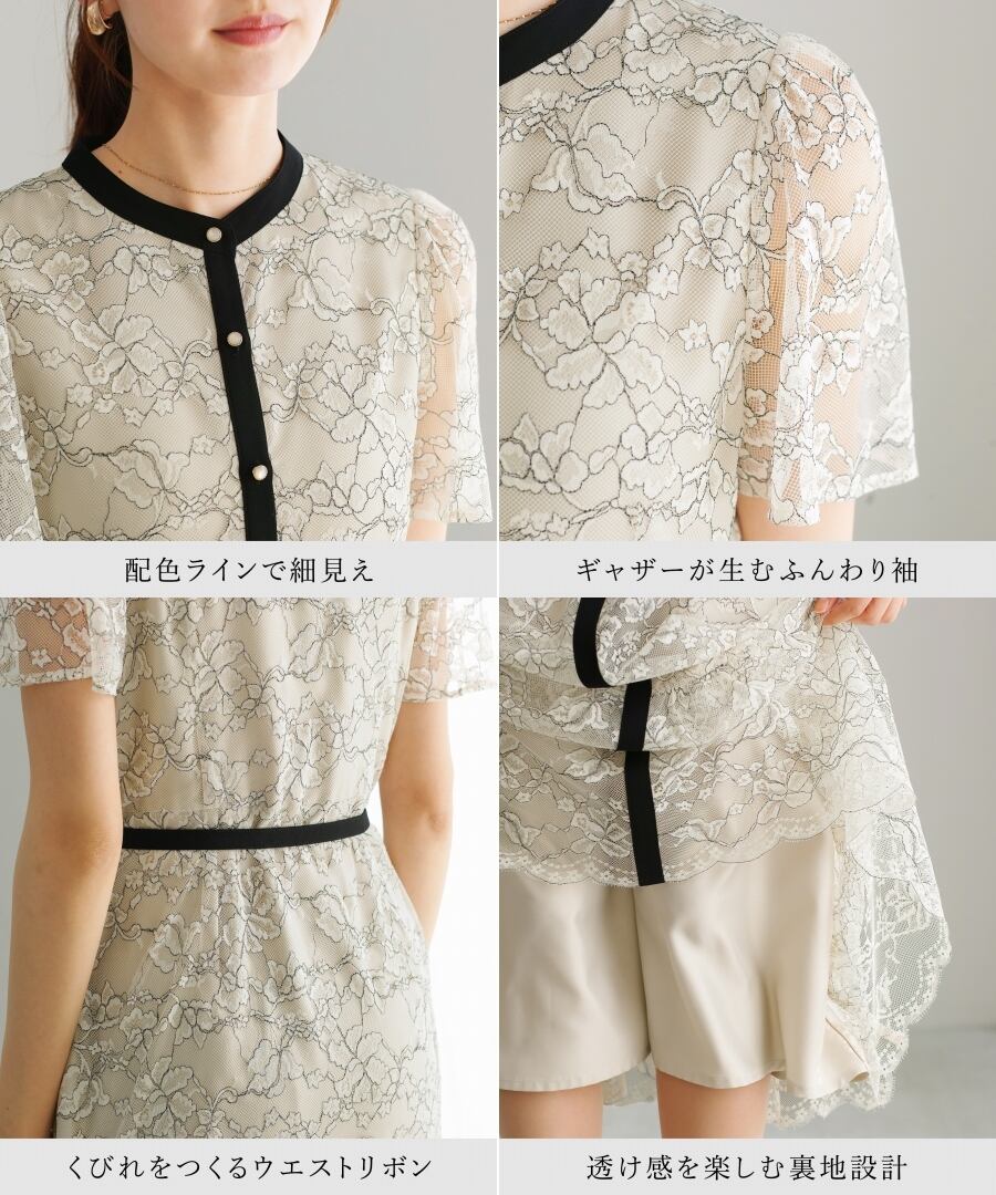 配色ラインで細見え 】 総レース・配色ワンピース（776232） | WHITE