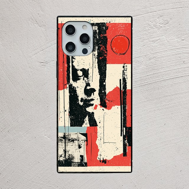 受注生産 iPhoneケース 赤黒ブルーの縦長コラージュ｜ZINE風 ZINE004B