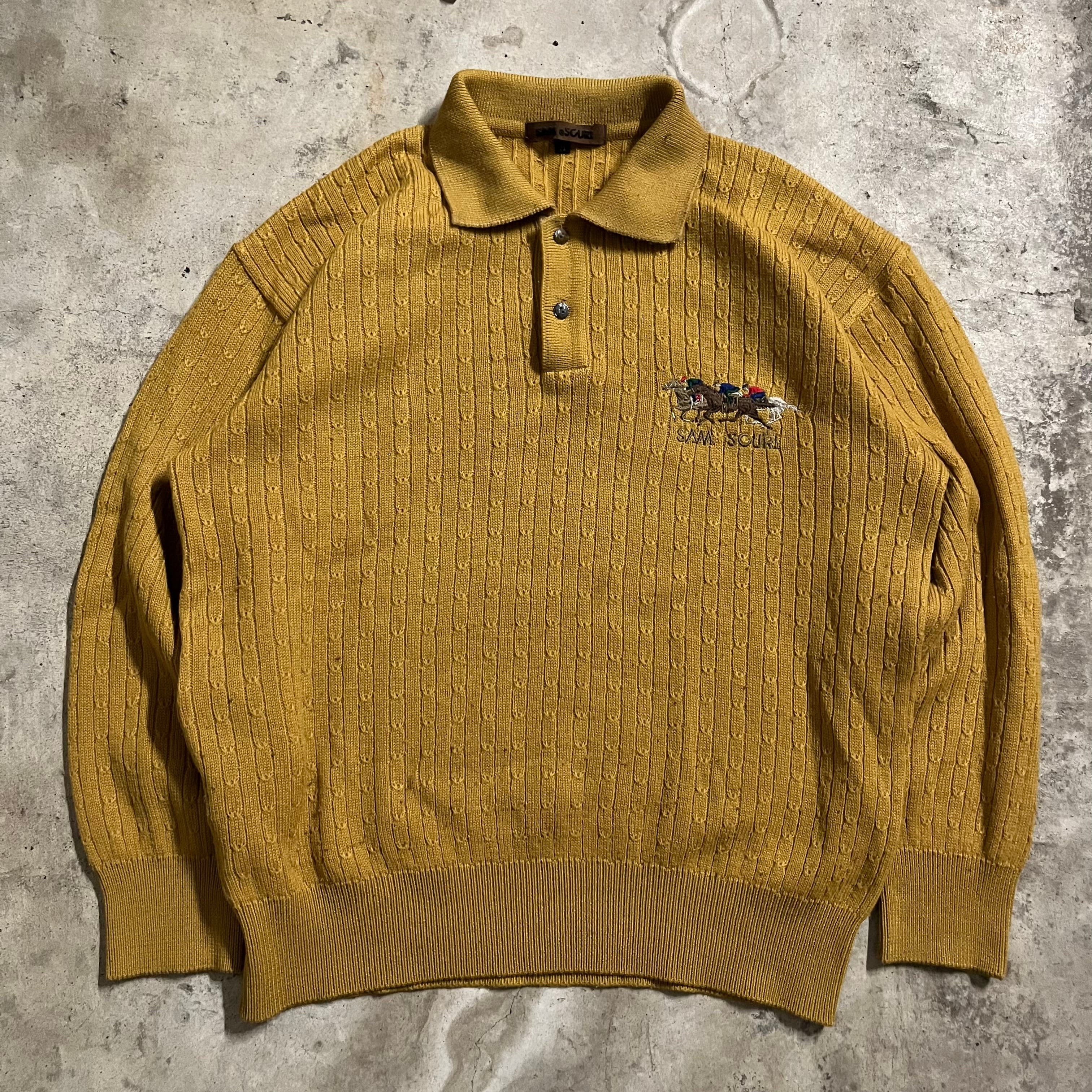 vintage〗animal horse embroidery design mustard color knit polo