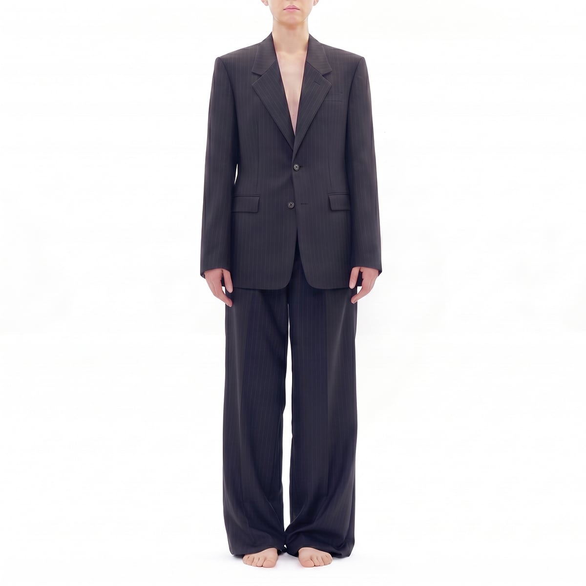 Navy Wool Pinstripe Single-Breasted Blazer