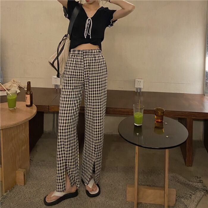 格子柄カジュアルパンツ ハイウェストスプリングルーズ薄手 春物 モンロー27001792669