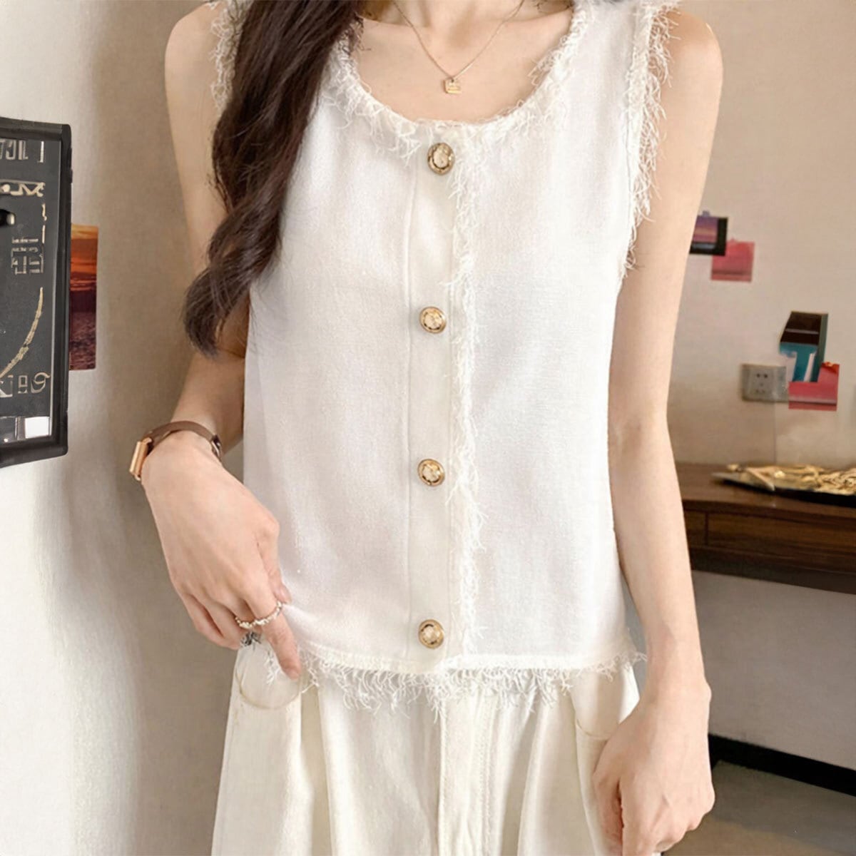 ニット ベスト フリンジ ノースリーブ レディース 春夏 韓国 きれいめ 大人 かわいい カジュアル 重ね着 レイヤード 薄手 トップス 大人可愛い 大人女子