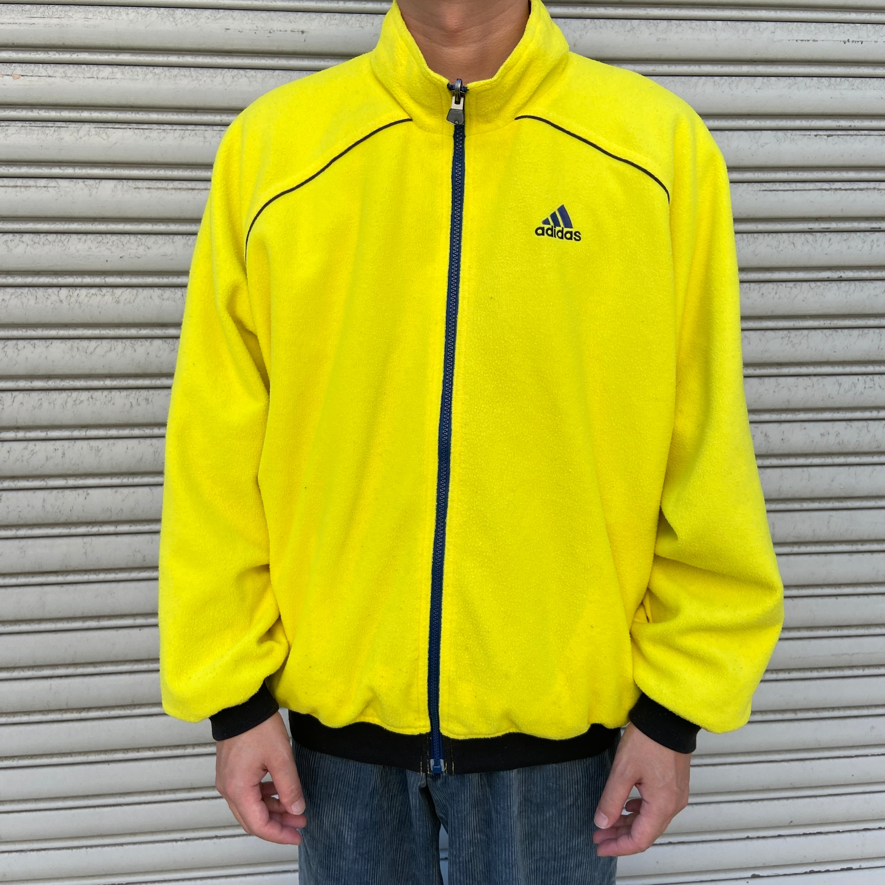 90s adidas リバーシブルナイロンジャケット 万国旗タグ 紺 黄 M