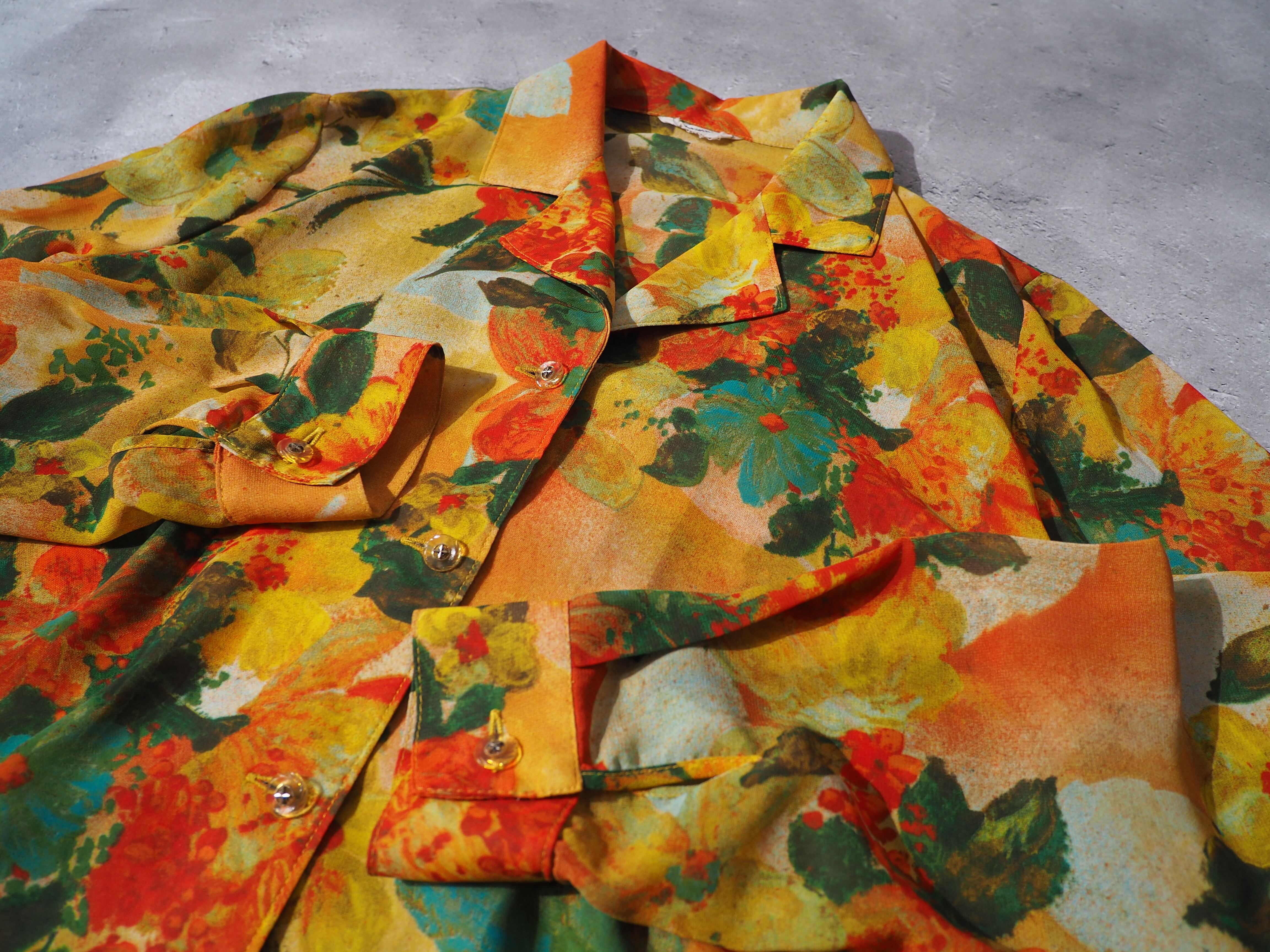 1990s Botanical Flower painted translucent open callar shirt