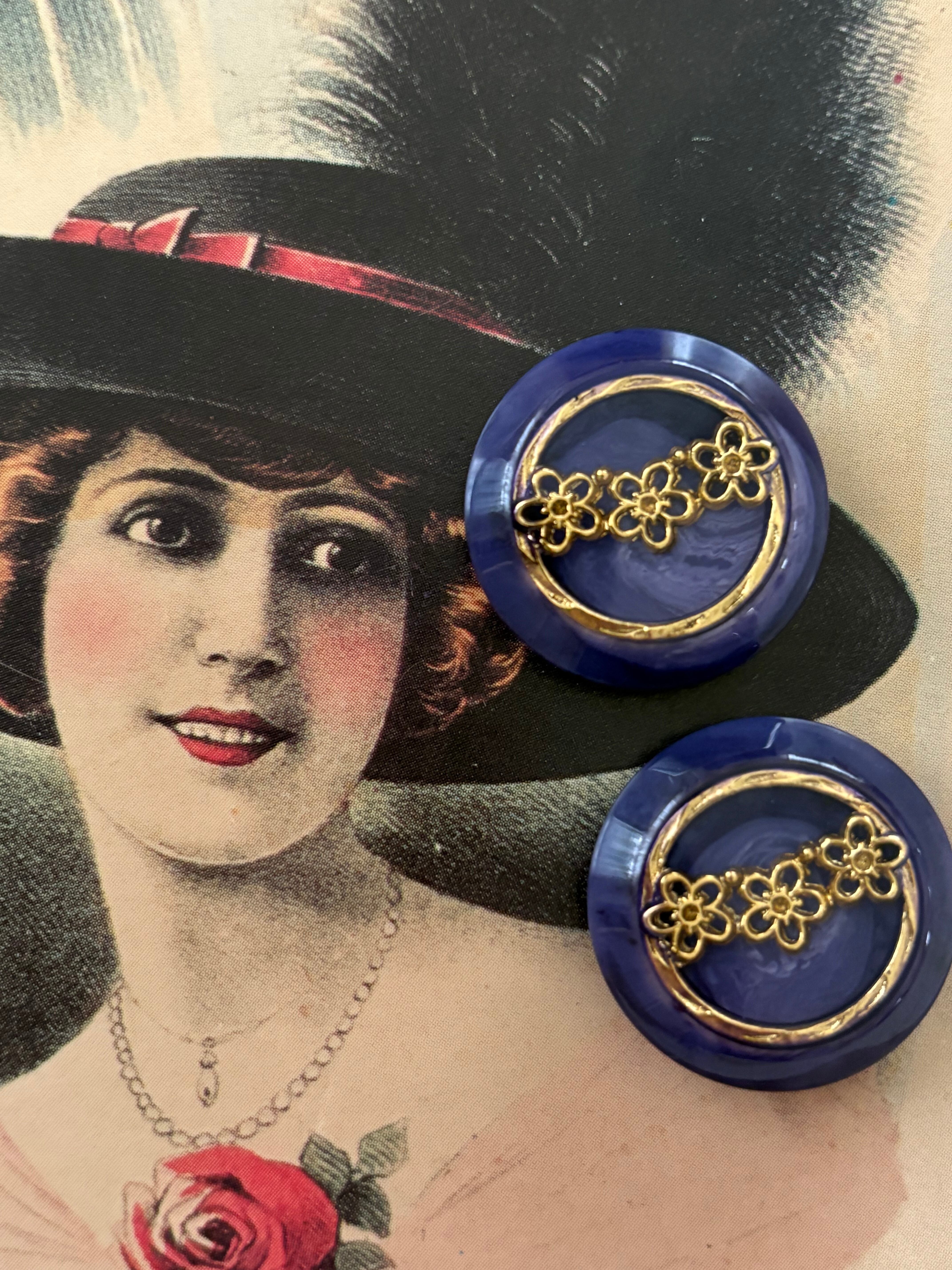 Japanese Vintage ボタン パープル×ゴールド フラワー 22mm レトロ アクセサリーパーツ 装飾材 カルト