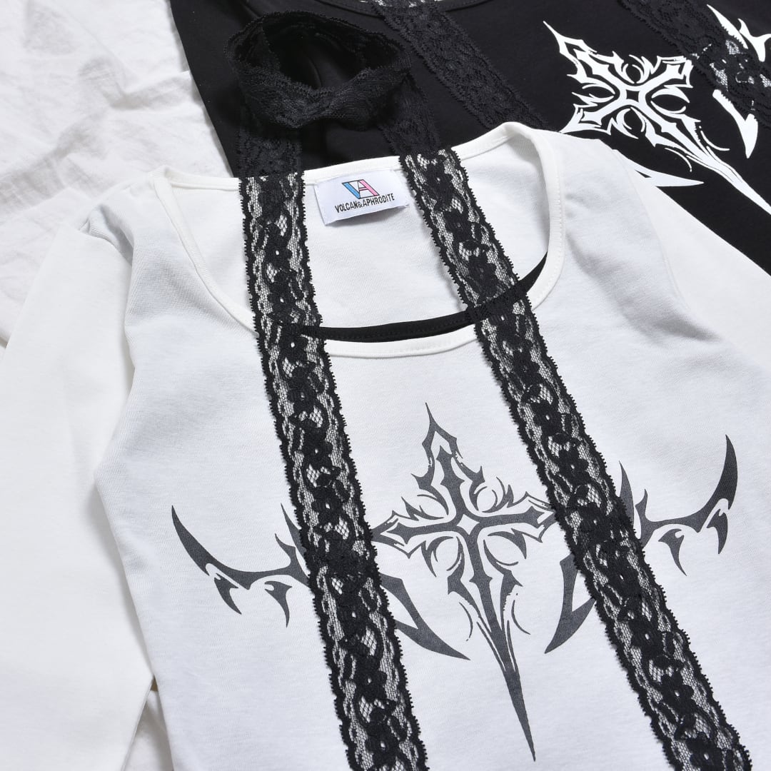 11/25新着】2点セット☆レースチョーカー付きロンT(クロスモチーフ