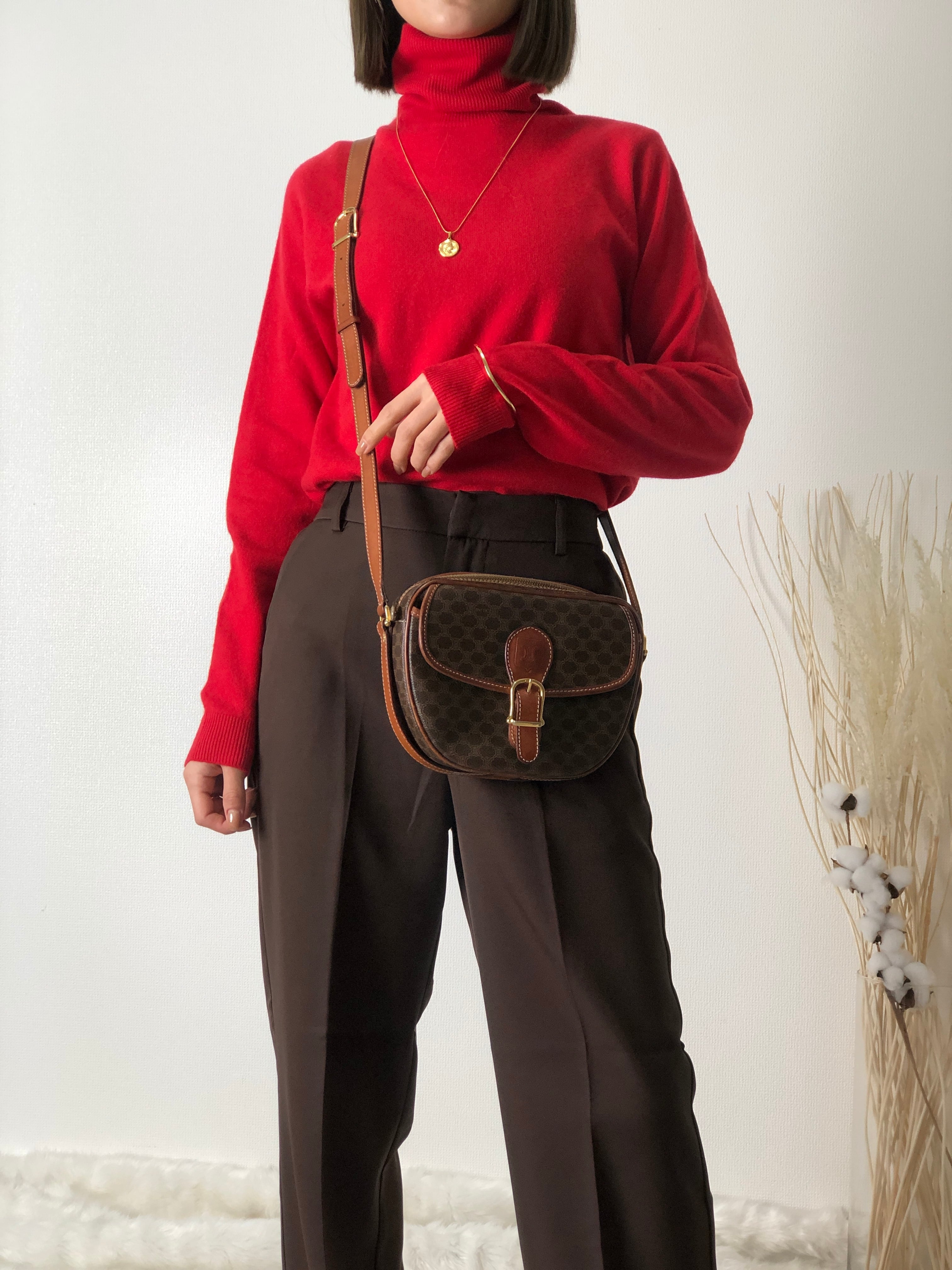 CELINE セリーヌ マカダム フロントバックル レザー ショルダーバッグ