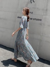 シフォンプリントマキシワンピース D1341