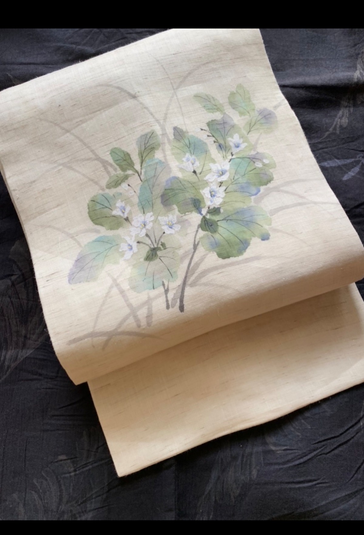 麻の名古屋帯 白い小花、葉っぱ | 初屋