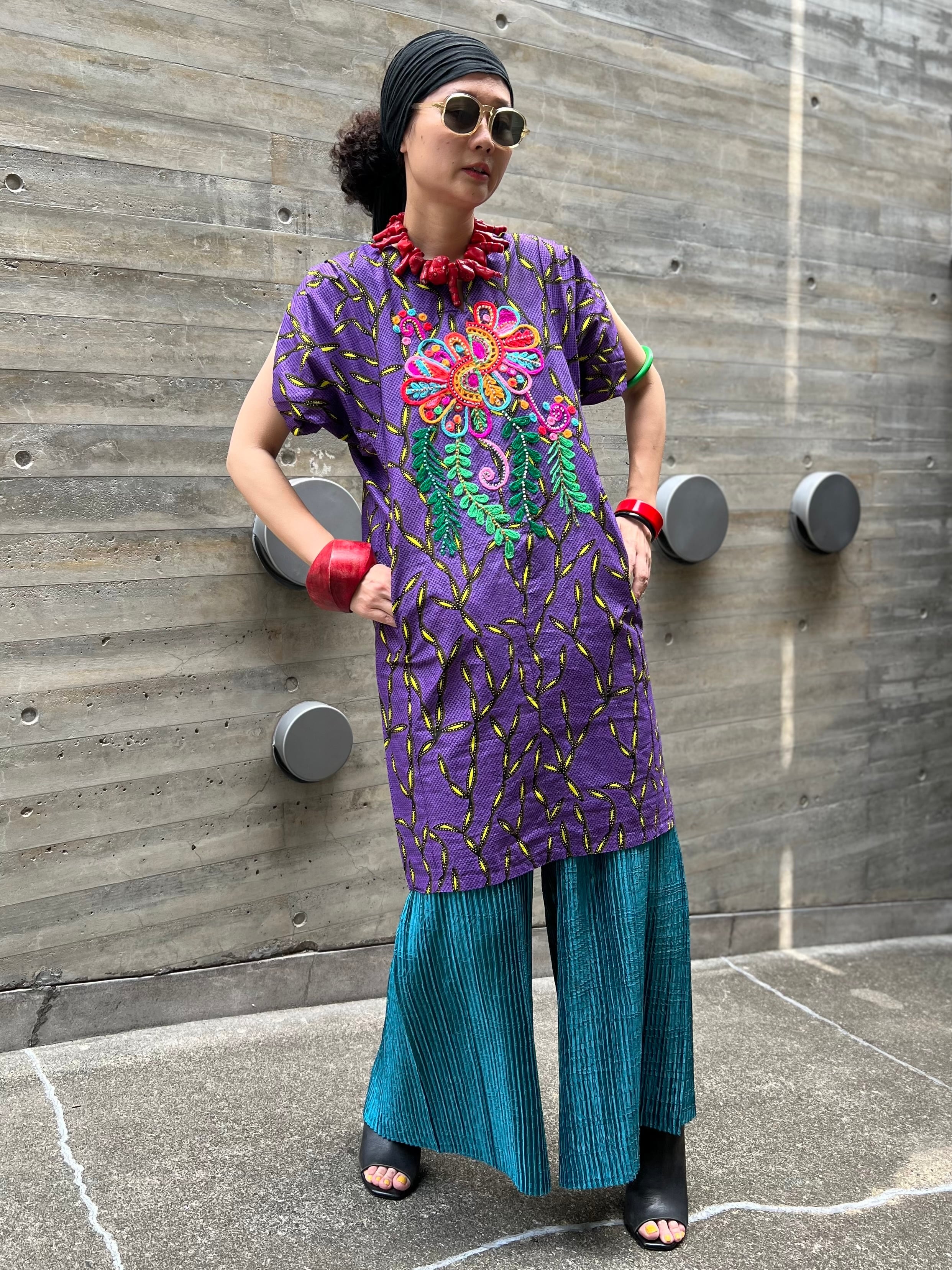 THAILAND × African batik embroidery cotton embroidery dress ( タイ  
