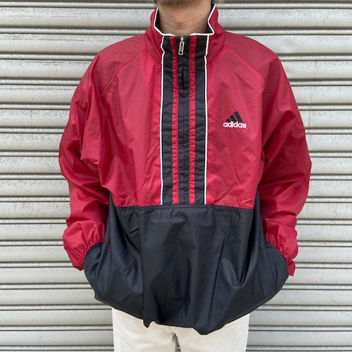 90s adidas ハーフジップナイロンプルオーバー　ボルドー　ブラック　M