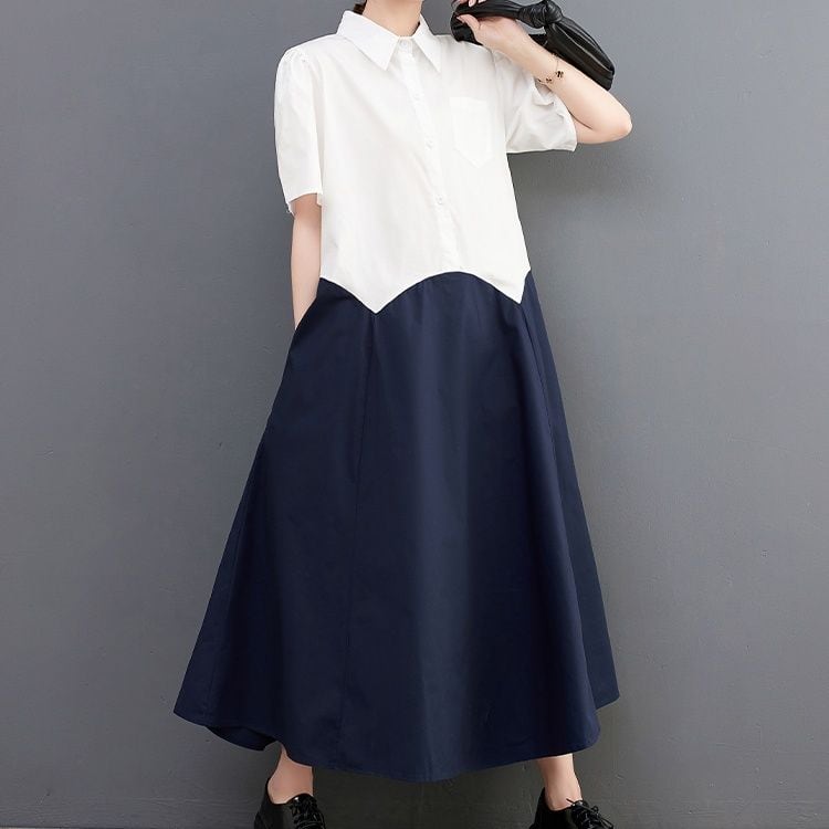 CONTRAST HALF SLEEVES A-LINE LONG SHIRT DRESS 2colors M-13284