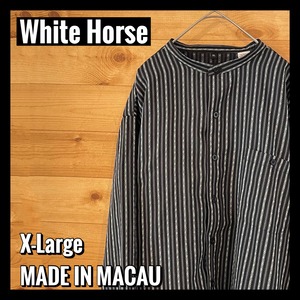 【White Horse】ノーカラー ストライプシャツ 長袖シャツ XL オーバーサイズ 総柄 アメリカ古着