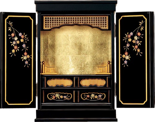 桜花蒔絵の黒塗り上置仏壇 18号（幅40cm）｜KB-M-008