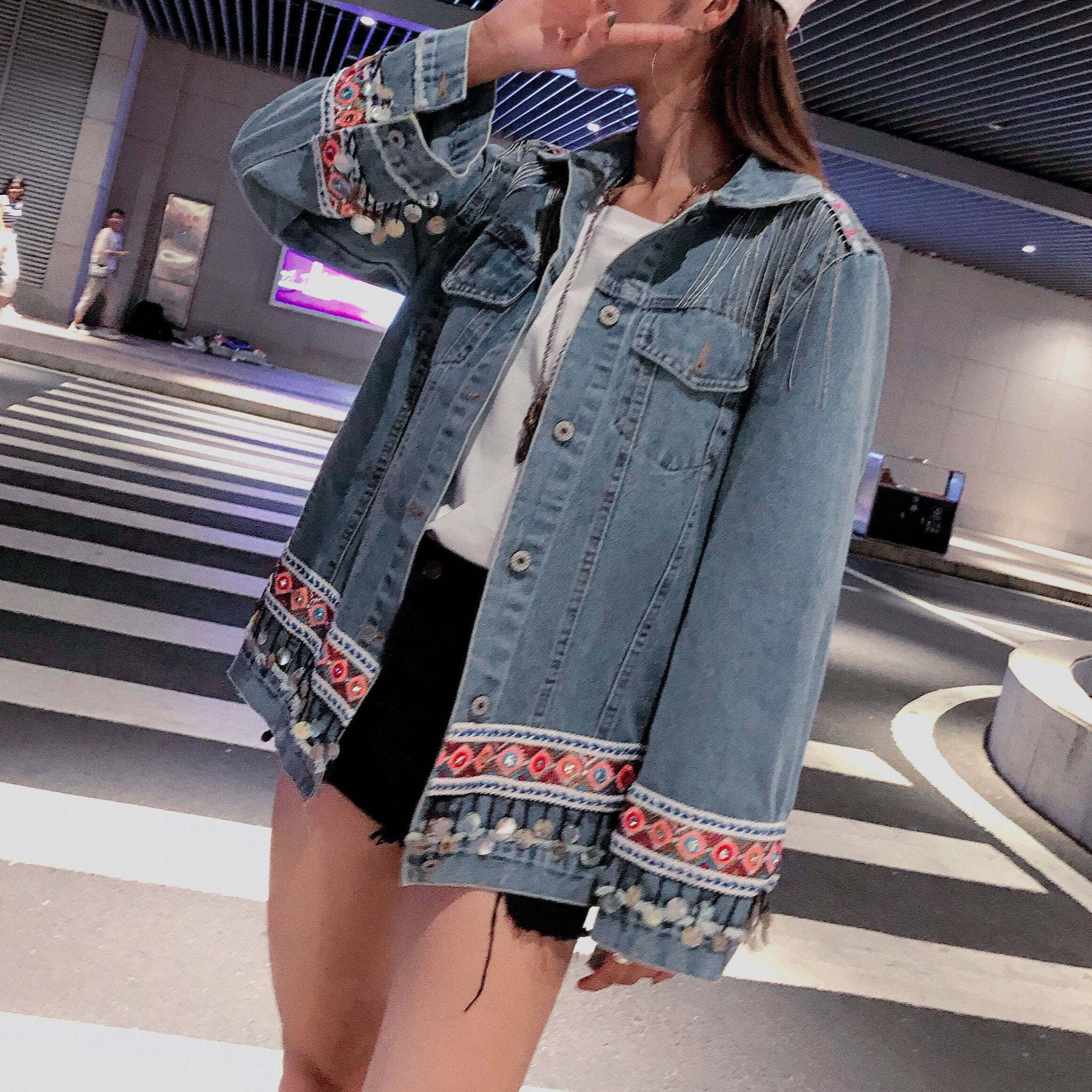 EMBROIDERED FRINGE TRIM CONTRAST RELAXED JACKET M-18671