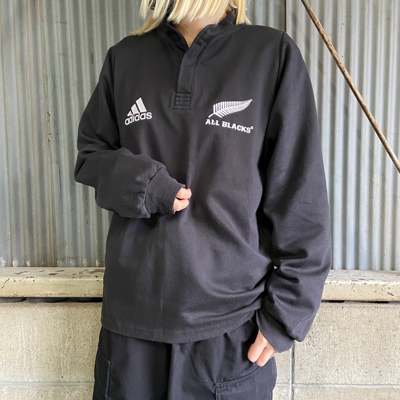 00年代 adidas アディダス All Blacks ロゴ刺繍 ハーフボタン プル 