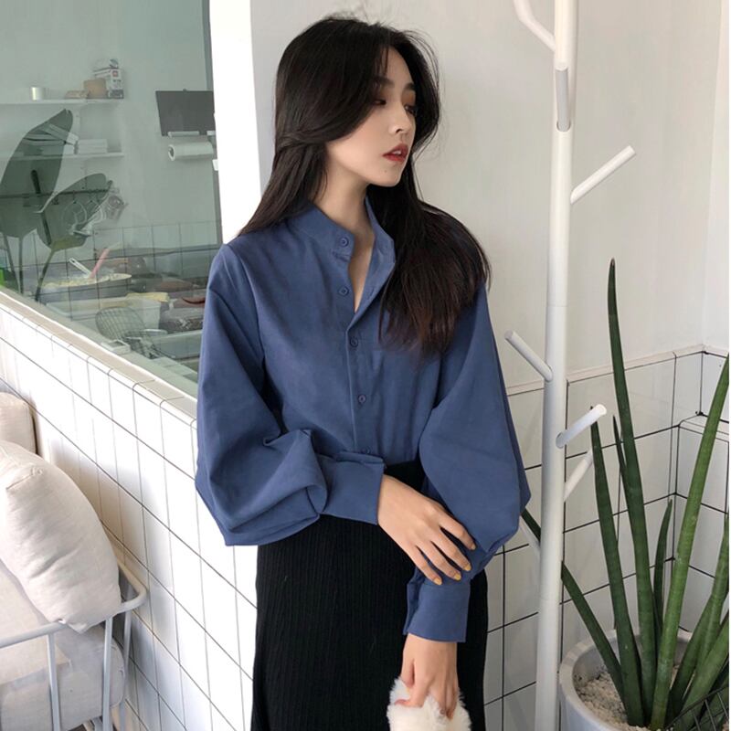 ブルーシャツ レディーススプリングオータムスリーブスタンダードスタイルカラーブラウントップス ロング ランタンスリーブ レトロ 春物 秋物 1号婦人90824877875