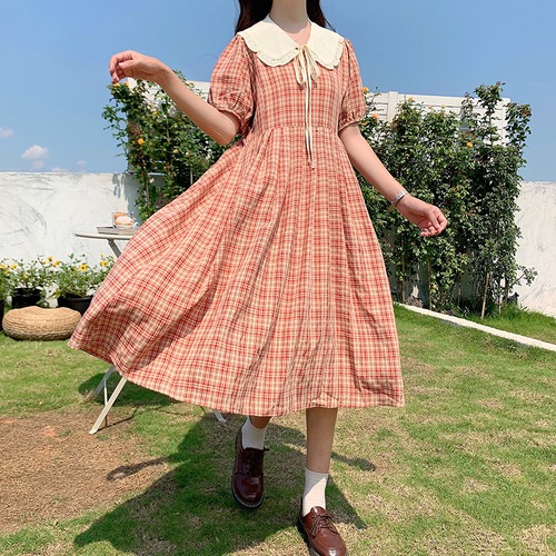 ✞ ♥カワイイ♥スリーブ襟大きめチェック柄ワンピース レース スウィート レースアップ ✞ゴスロリ SM ミリ 甘ロリ クラロリ 和ロリ エレガント 黒ロリ 姫ロリ 華ロリ BB-BB8321445