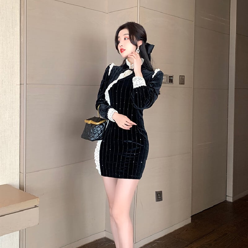 ワンピース チャイナ風 ベルベット 長袖 黒 改良型チャイナドレス デザイン感 レトロ セレブリティ ブラック S M L Ll Dresszone