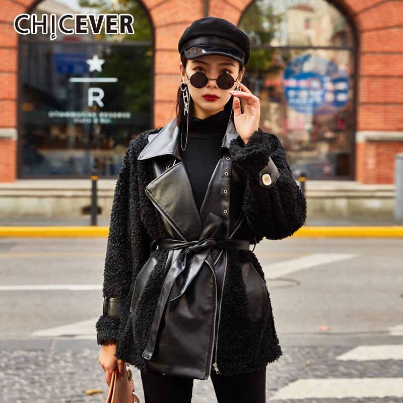 CHICEVERルーズパッチワークコートレディースラペル長袖プラスサイズラムウールファーコート2020タイド ロング 大きめサイズ 6base557881162810