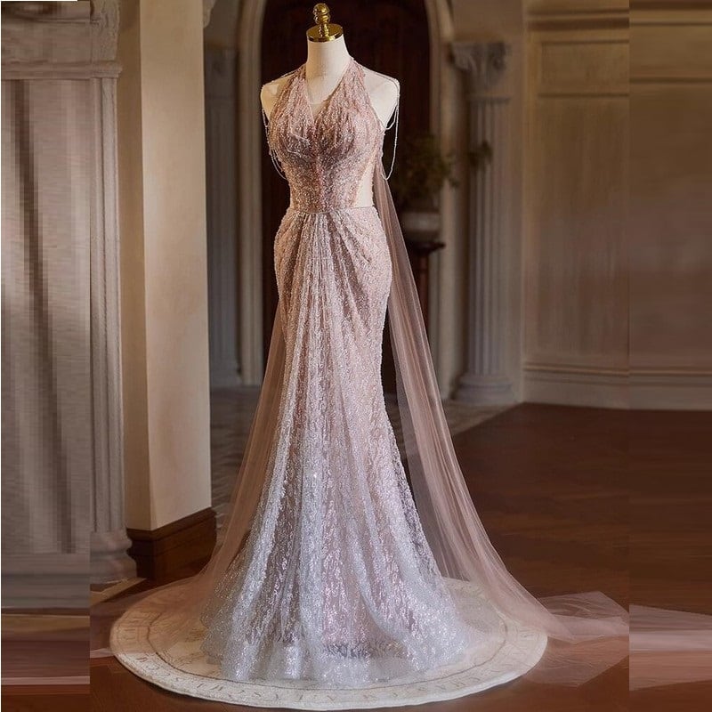 フィッシュテール Vネックホルター ドレス D0053