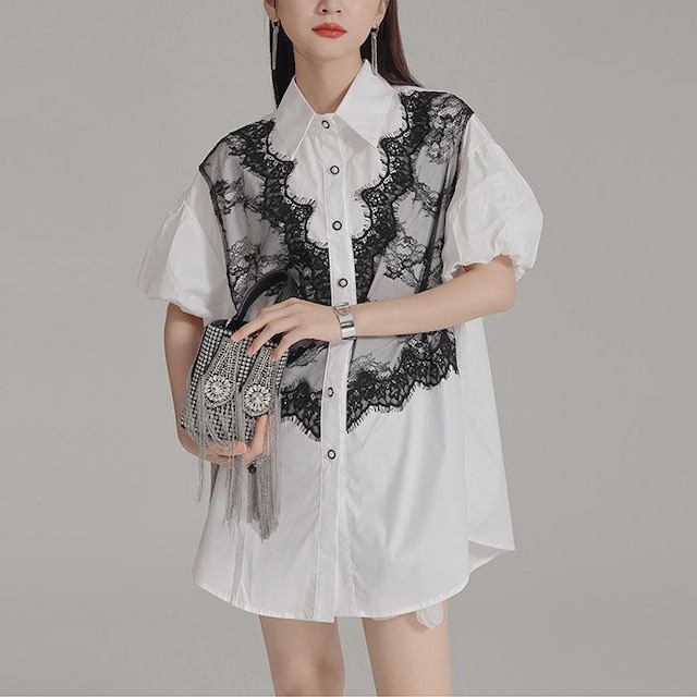LACE PANEL PUFF SLEEVE FAUX LAYERED SHIRT M-17769