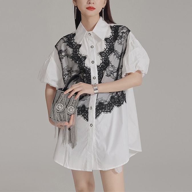 LACE PANEL PUFF SLEEVE FAUX LAYERED SHIRT M-17769
