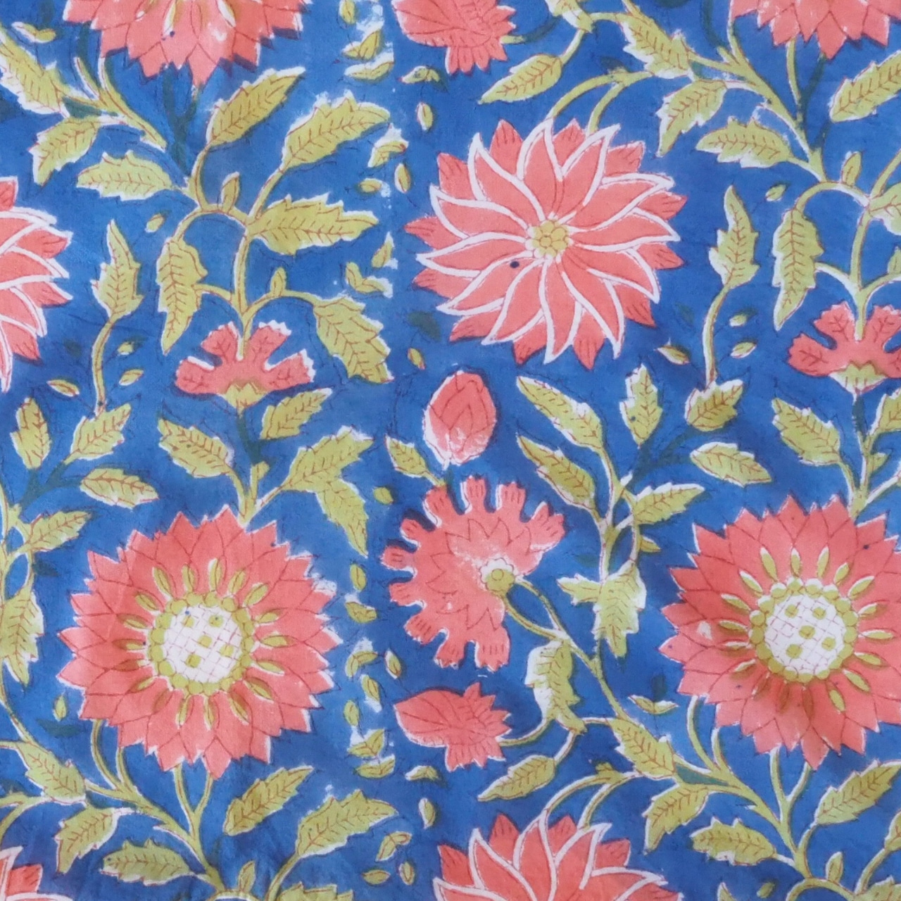 ブロックプリント生地【50cm単位】インド綿 花柄 青×オレンジ #11310-BL1