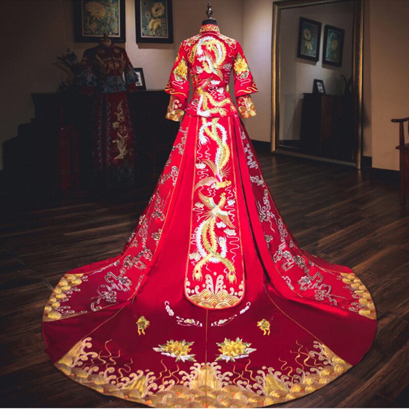 唐装 漢服 秀禾服 豪華2点セット 龍鳳刺繍いりチャイナ風ウェディングドレス スカート中華服 演出 撮影服 レッド ゴールド 花刺繍入り 上着 スカート 刺繍 大きいサイズ Xs S M L Xl Xxl Elegant