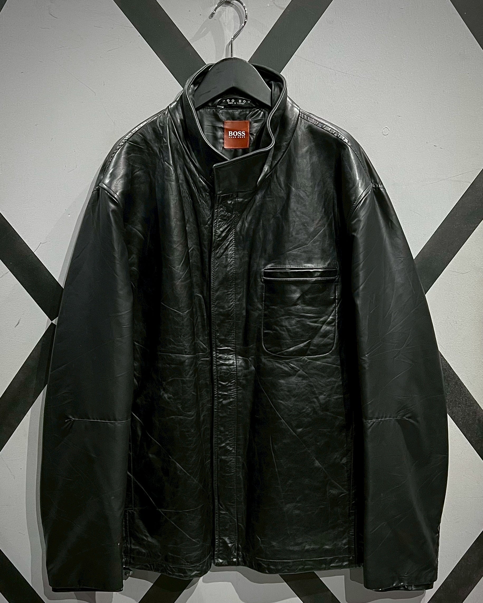 X VINTAGE】 “HUGO BOSS” Leather Switching Stand Collar Jacket