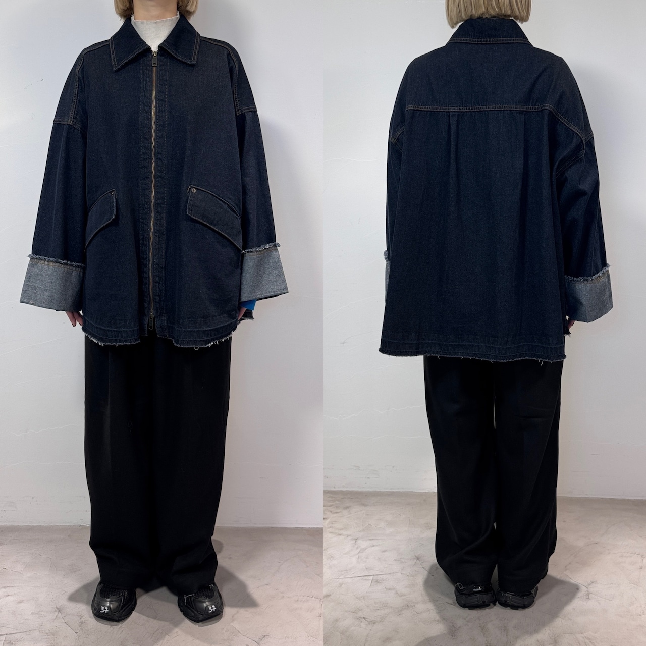 W zip フリンジツイルデニムオーバーJK/インディゴ