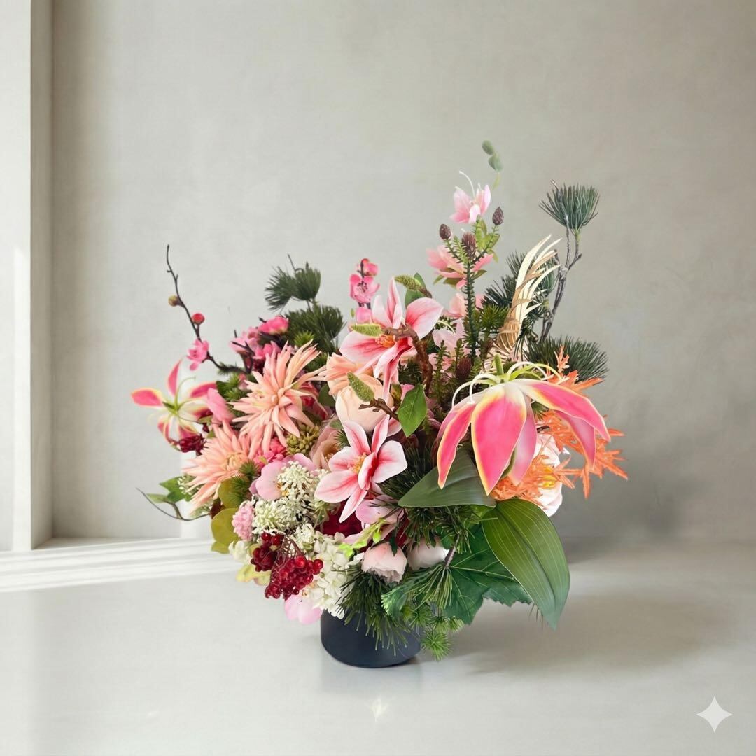 光触媒フラワー 和モダンアレンジメント Lサイズ 黒花器に咲く 木蓮と