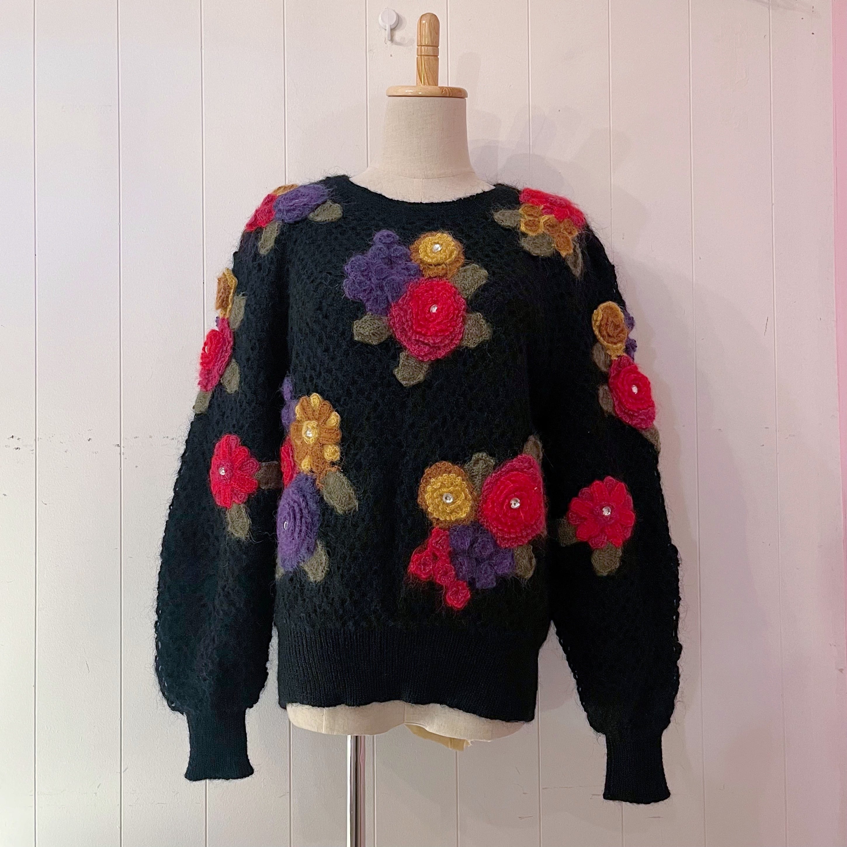colorful flower stone mesh knit sweater